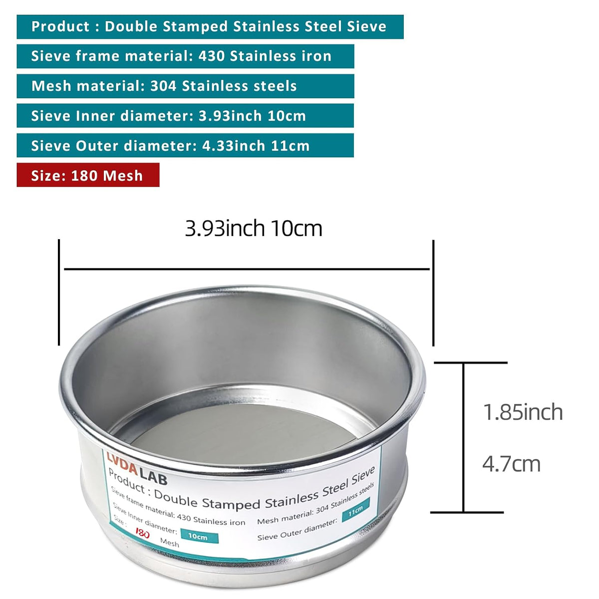 4" (10cm) 304 Stainless Steel Lab Sieve, 80 Mesh (0.2mm) Screen Sifter - Colors B