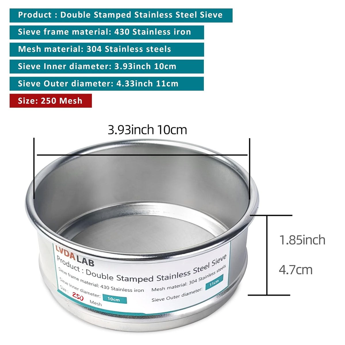 4" (10cm) 304 Stainless Steel Lab Sieve, 80 Mesh (0.2mm) Screen Sifter - Colors B