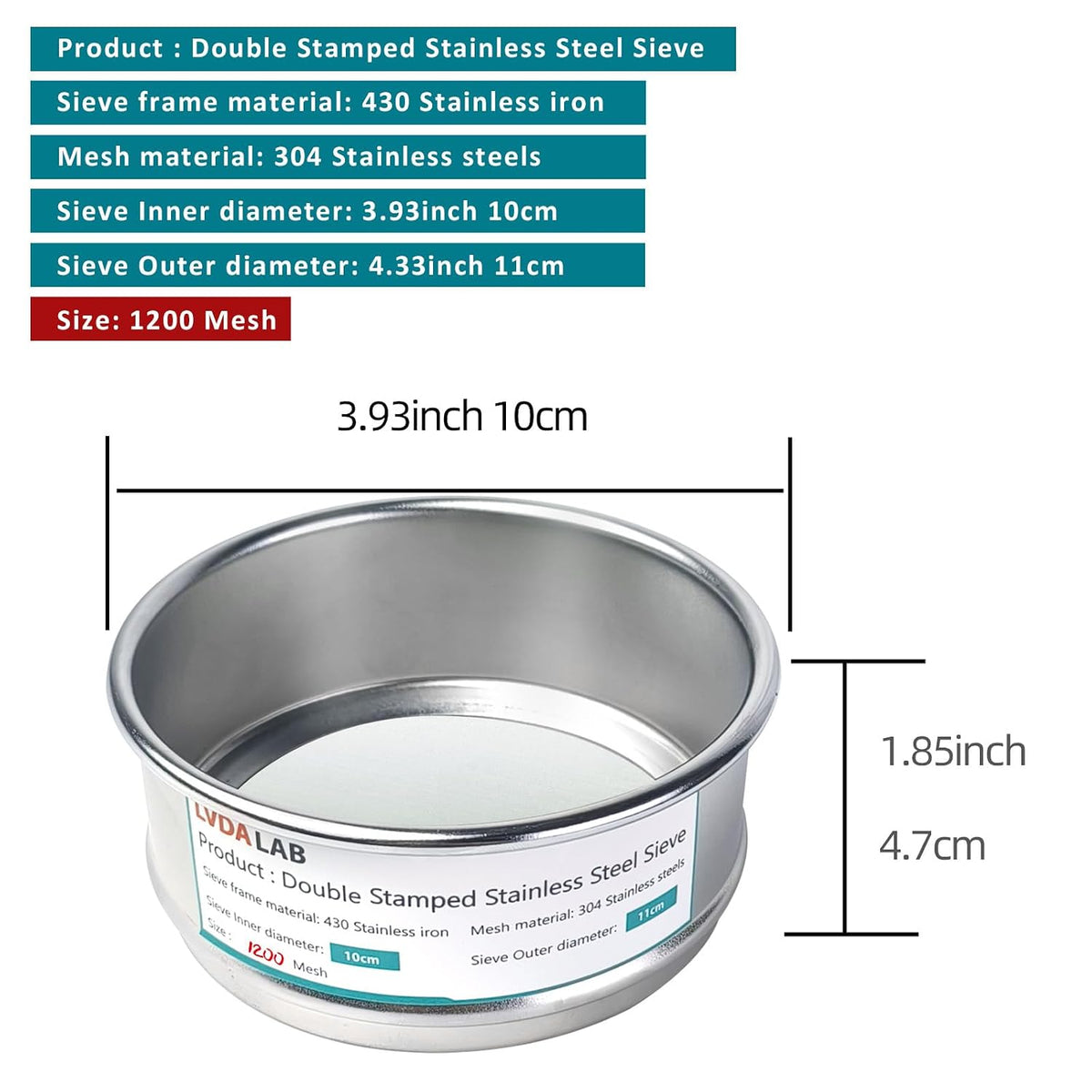 4" (10cm) 304 Stainless Steel Lab Sieve, 80 Mesh (0.2mm) Screen Sifter - Colors B