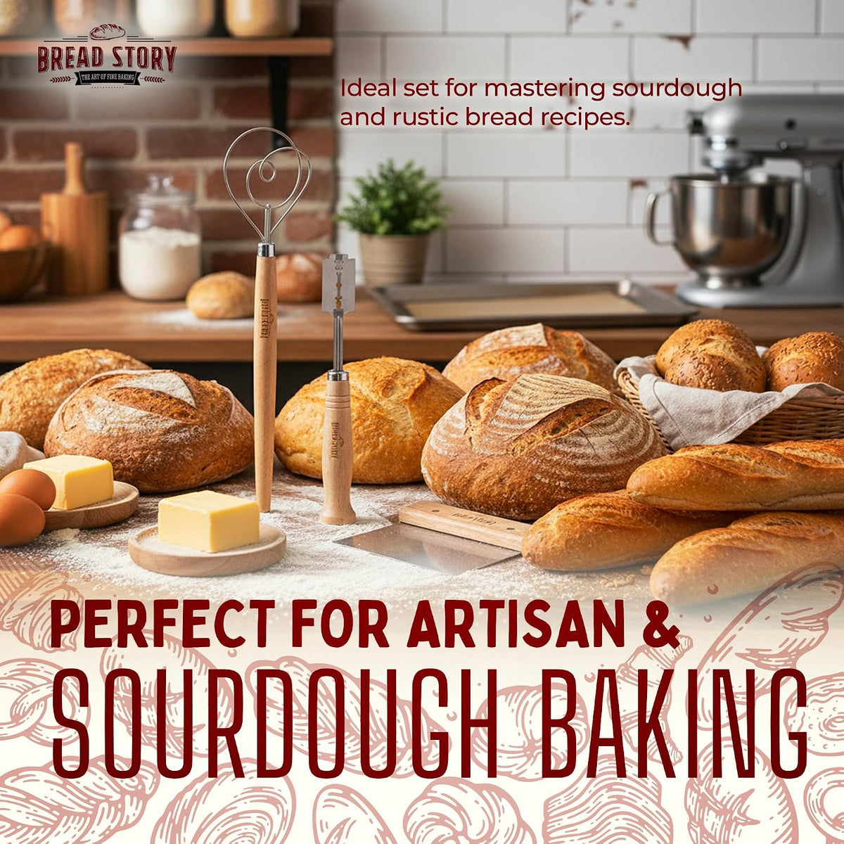 Danish Dough Whisk Set – Wooden Scraper & Lame Scoring Tool | Sourdough Whisk & Mixing Tool Kit | Bread Utensils for Homemade Bread, Pizza, Pastry | Stainless Steel & Wood
