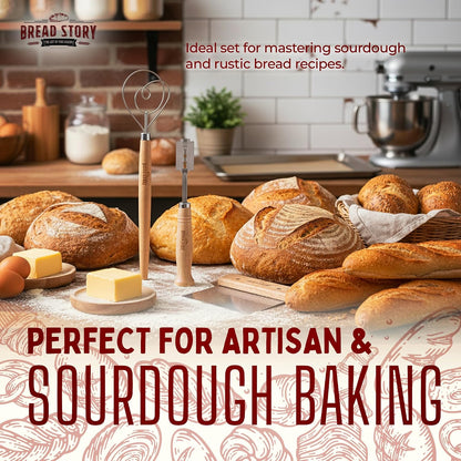 Danish Dough Whisk Set – Wooden Scraper & Lame Scoring Tool | Sourdough Whisk & Mixing Tool Kit | Bread Utensils for Homemade Bread, Pizza, Pastry | Stainless Steel & Wood