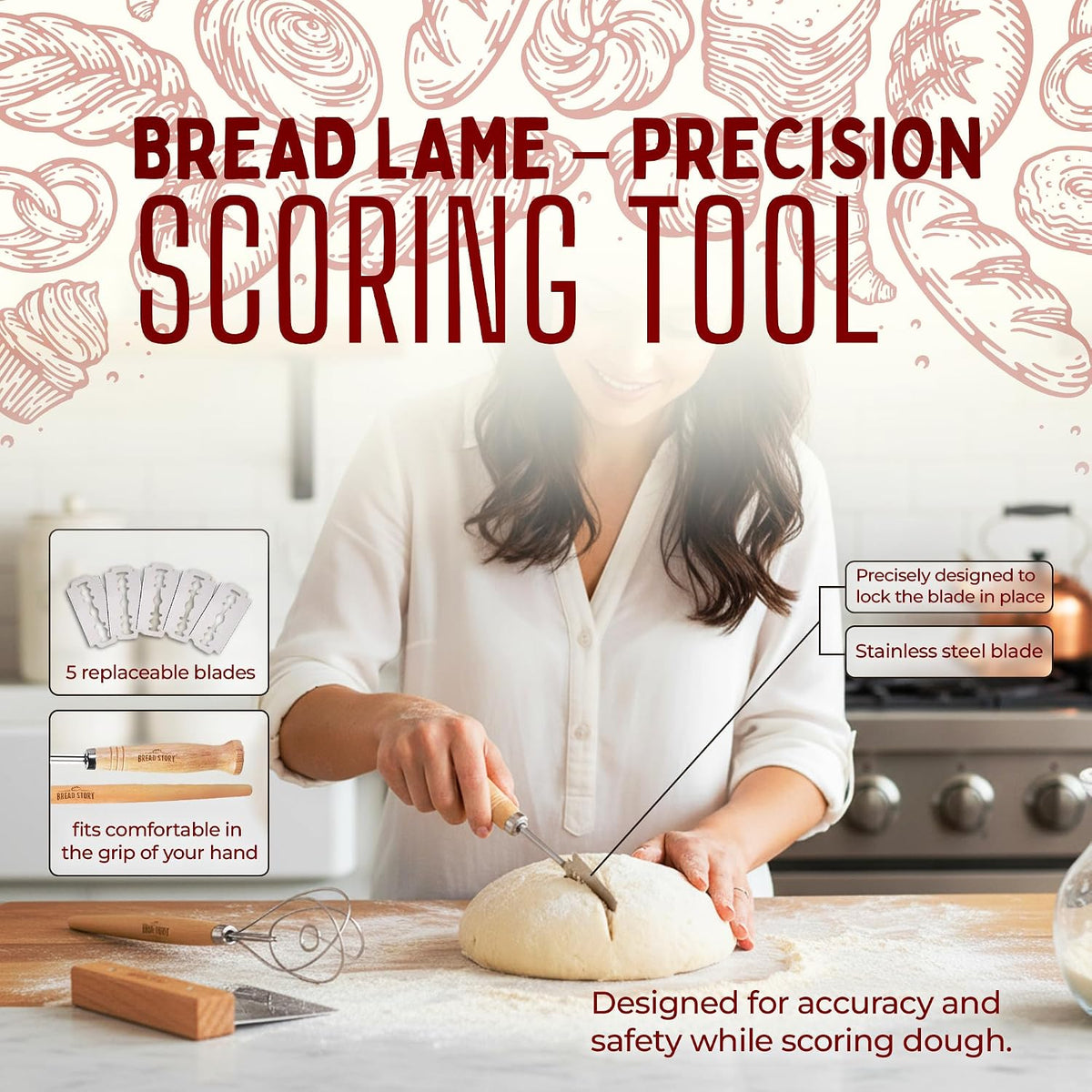 Danish Dough Whisk Set – Wooden Scraper & Lame Scoring Tool | Sourdough Whisk & Mixing Tool Kit | Bread Utensils for Homemade Bread, Pizza, Pastry | Stainless Steel & Wood