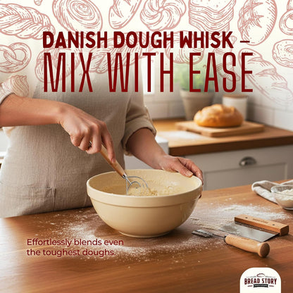 Danish Dough Whisk Set – Wooden Scraper & Lame Scoring Tool | Sourdough Whisk & Mixing Tool Kit | Bread Utensils for Homemade Bread, Pizza, Pastry | Stainless Steel & Wood
