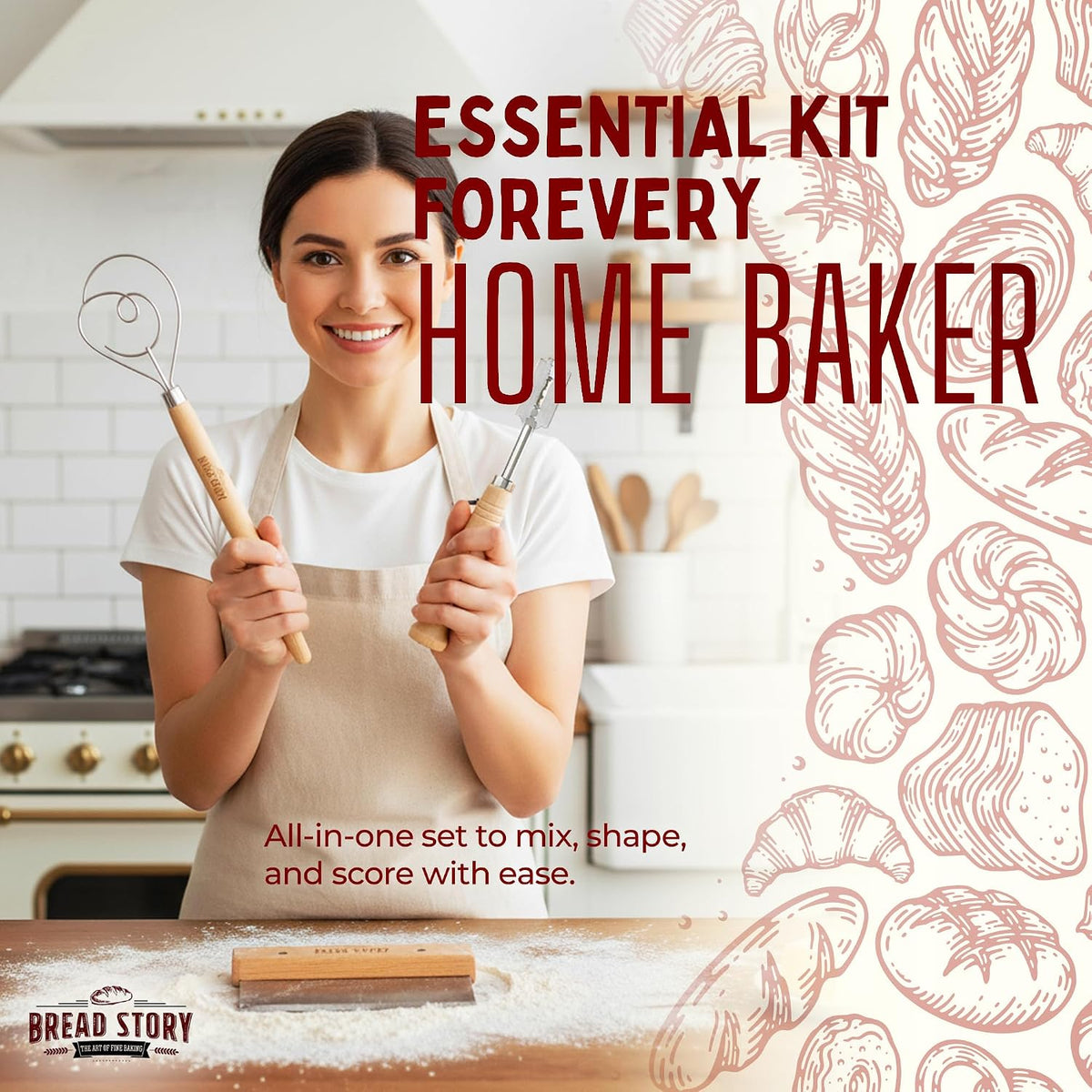 Danish Dough Whisk Set – Wooden Scraper & Lame Scoring Tool | Sourdough Whisk & Mixing Tool Kit | Bread Utensils for Homemade Bread, Pizza, Pastry | Stainless Steel & Wood