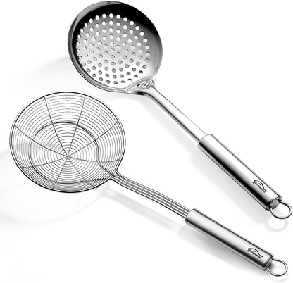 Spider Strainer Skimmer Ladle 2 Pieces, Stainless Steel Kitchen Skimmer Slotted Spoons for for Straining Pasta/Cooking/Frying, Kitchen Utensils Wire Strainer Pasta Spoon
