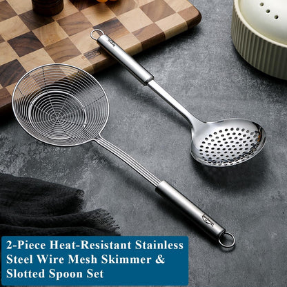 Spider Strainer Skimmer Ladle 2 Pieces, Stainless Steel Kitchen Skimmer Slotted Spoons for for Straining Pasta/Cooking/Frying, Kitchen Utensils Wire Strainer Pasta Spoon