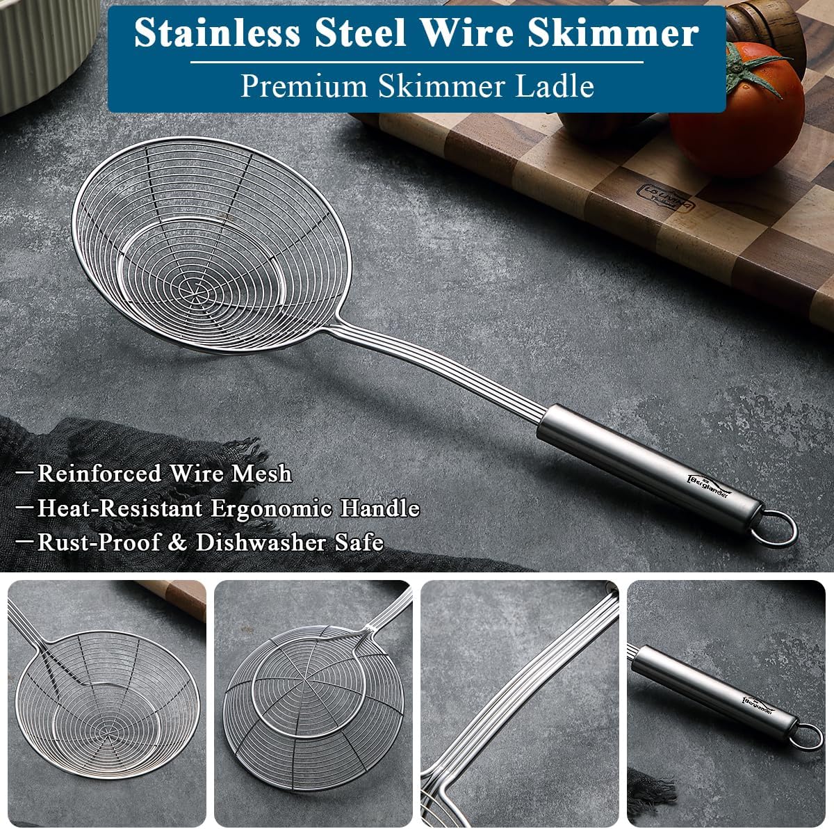 Spider Strainer Skimmer Ladle 2 Pieces, Stainless Steel Kitchen Skimmer Slotted Spoons for for Straining Pasta/Cooking/Frying, Kitchen Utensils Wire Strainer Pasta Spoon