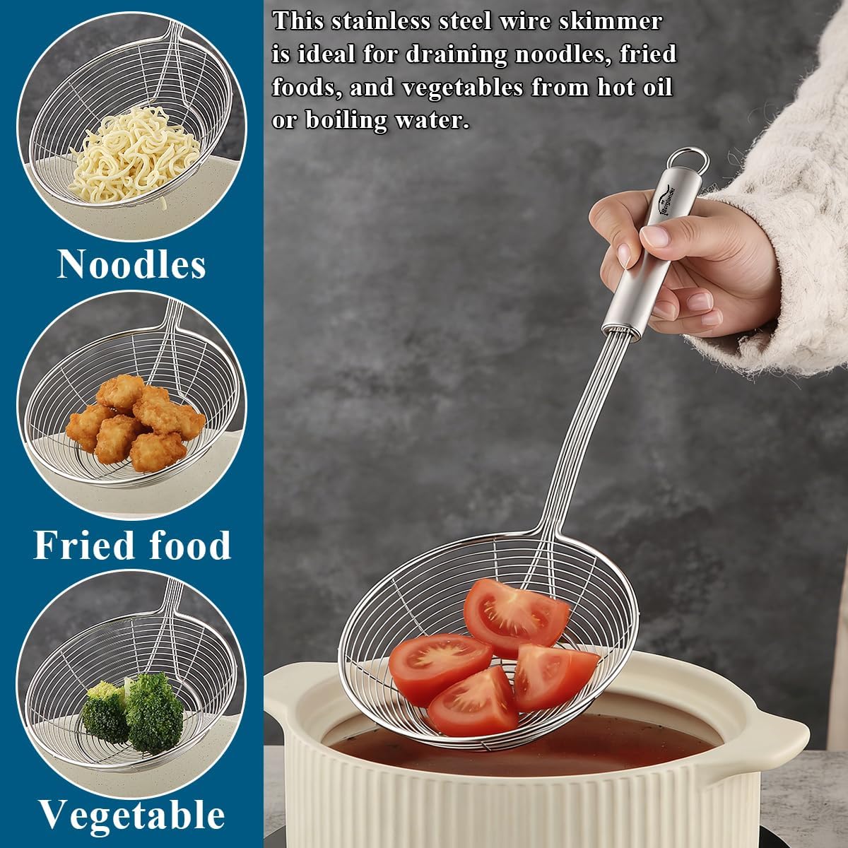 Spider Strainer Skimmer Ladle 2 Pieces, Stainless Steel Kitchen Skimmer Slotted Spoons for for Straining Pasta/Cooking/Frying, Kitchen Utensils Wire Strainer Pasta Spoon
