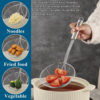 Spider Strainer Skimmer Ladle 2 Pieces, Stainless Steel Kitchen Skimmer Slotted Spoons for for Straining Pasta/Cooking/Frying, Kitchen Utensils Wire Strainer Pasta Spoon