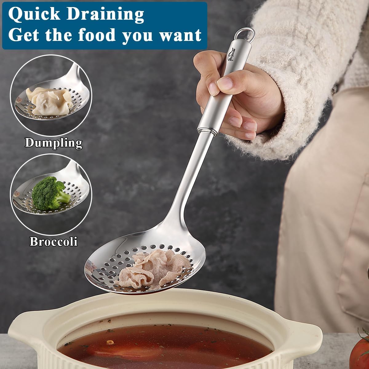 Spider Strainer Skimmer Ladle 2 Pieces, Stainless Steel Kitchen Skimmer Slotted Spoons for for Straining Pasta/Cooking/Frying, Kitchen Utensils Wire Strainer Pasta Spoon