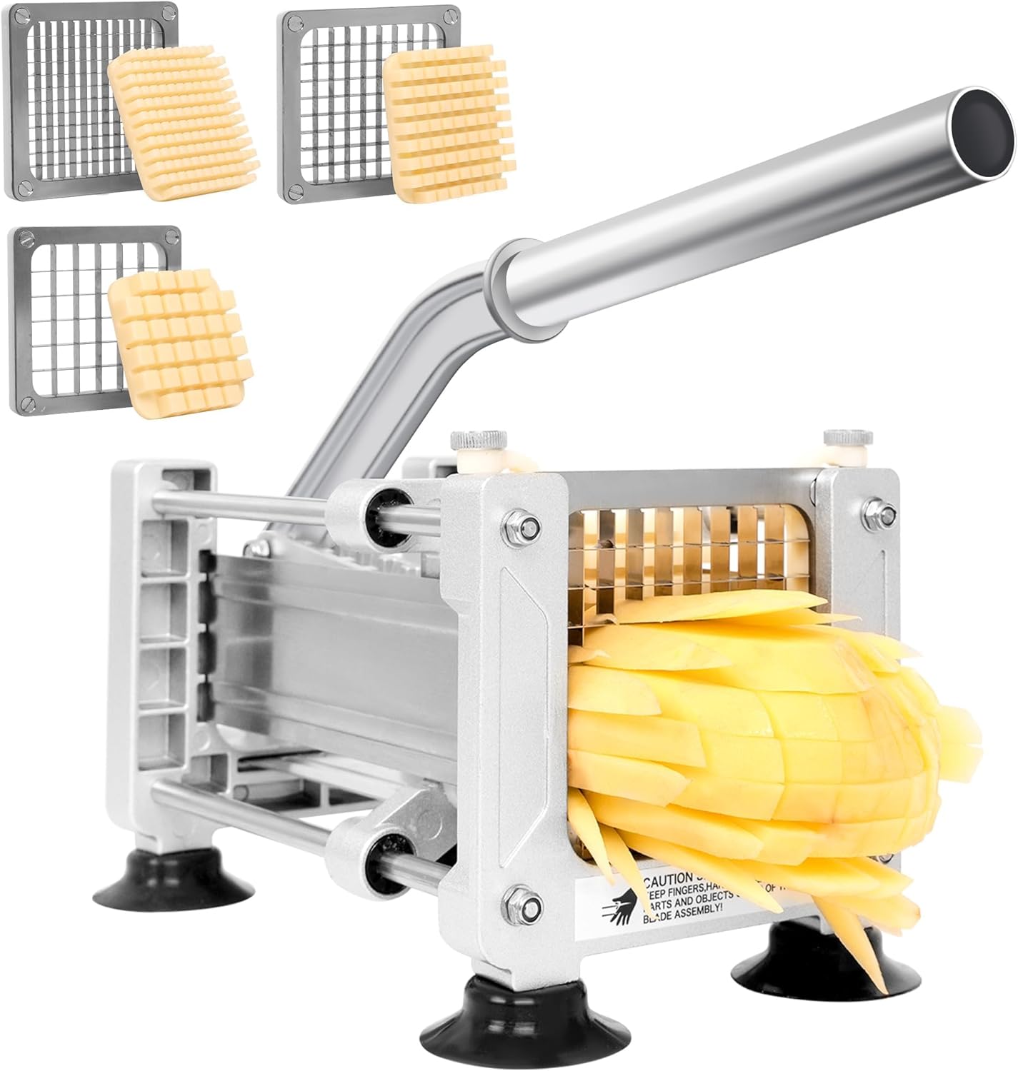 French Fry Cutter for Potatoes, Stainless Steel Blades, Silver | Potato cutter with 1/2", 3/8", 1/4" replaceable blades, glove & brush, large cutting box, non-slip suction for food prep