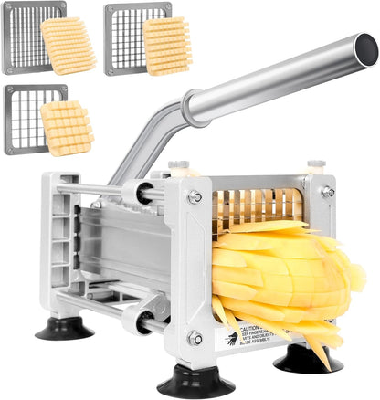 French Fry Cutter for Potatoes, Stainless Steel Blades, Silver | Potato cutter with 1/2", 3/8", 1/4" replaceable blades, glove & brush, large cutting box, non-slip suction for food prep