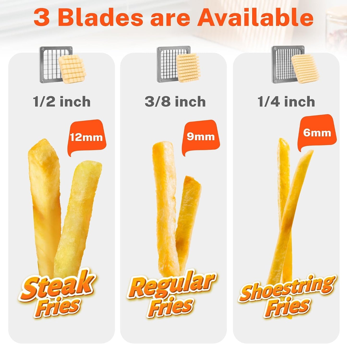 French Fry Cutter for Potatoes, Stainless Steel Blades, Silver | Potato cutter with 1/2", 3/8", 1/4" replaceable blades, glove & brush, large cutting box, non-slip suction for food prep