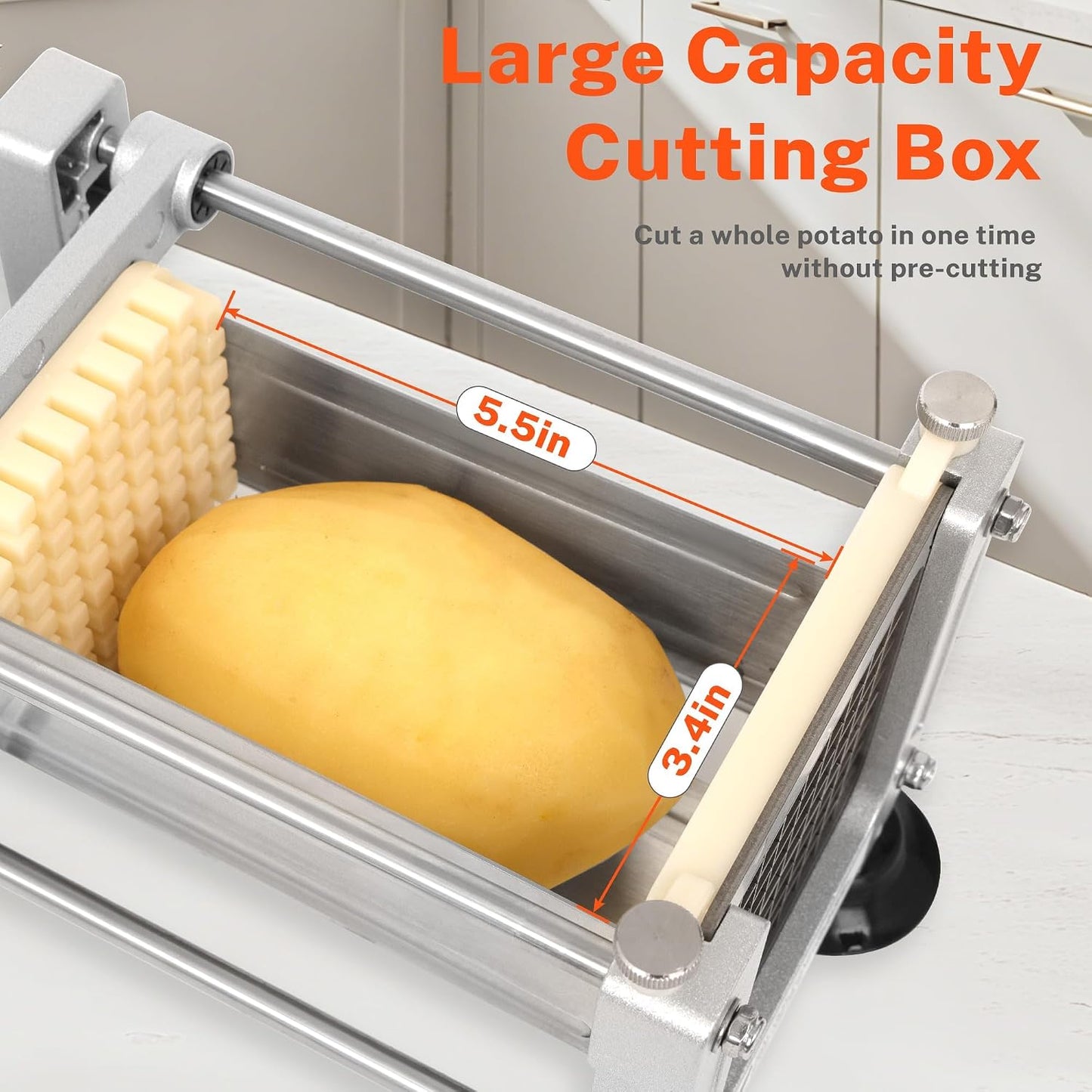 French Fry Cutter for Potatoes, Stainless Steel Blades, Silver | Potato cutter with 1/2", 3/8", 1/4" replaceable blades, glove & brush, large cutting box, non-slip suction for food prep