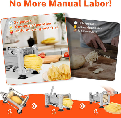 French Fry Cutter for Potatoes, Stainless Steel Blades, Silver | Potato cutter with 1/2", 3/8", 1/4" replaceable blades, glove & brush, large cutting box, non-slip suction for food prep