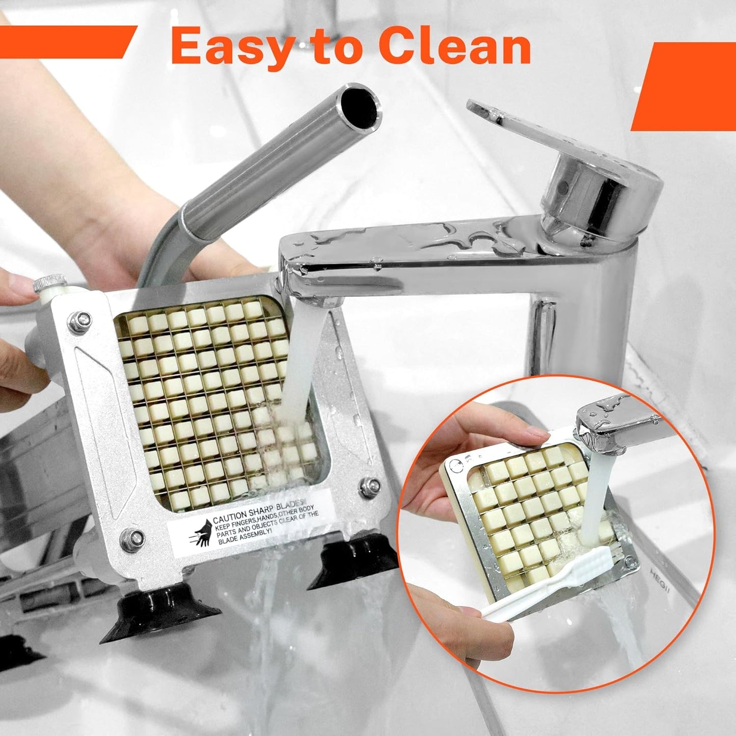 French Fry Cutter for Potatoes, Stainless Steel Blades, Silver | Potato cutter with 1/2", 3/8", 1/4" replaceable blades, glove & brush, large cutting box, non-slip suction for food prep