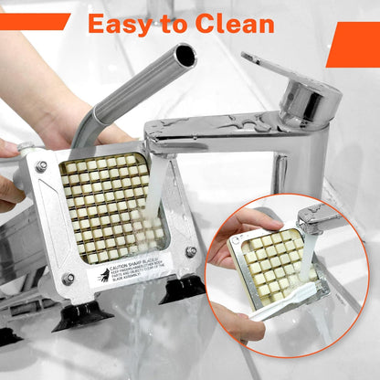 French Fry Cutter for Potatoes, Stainless Steel Blades, Silver | Potato cutter with 1/2", 3/8", 1/4" replaceable blades, glove & brush, large cutting box, non-slip suction for food prep
