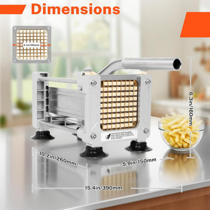 French Fry Cutter for Potatoes, Stainless Steel Blades, Silver | Potato cutter with 1/2", 3/8", 1/4" replaceable blades, glove & brush, large cutting box, non-slip suction for food prep