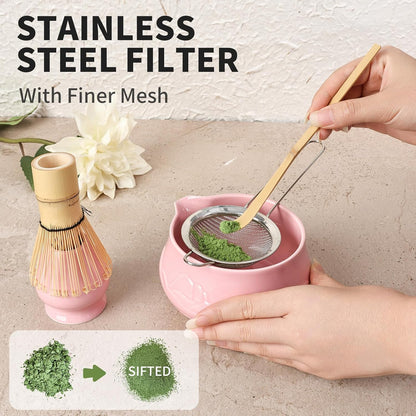 8 Pcs Matcha Whisk Set with Ceramic Bowl, Scoop Rest, Sifter, Tea Mat, Greeting Card, Whisk Holder, Bamboo Whisk and Scoop, Perfect Present for Friend Family Matcha Tea Lovers, Ceremony Kit