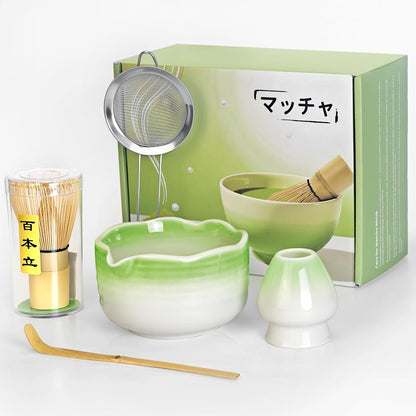 8 Pcs Matcha Whisk Set with Ceramic Bowl, Scoop Rest, Sifter, Tea Mat, Greeting Card, Whisk Holder, Bamboo Whisk and Scoop, Perfect Present for Friend Family Matcha Tea Lovers, Ceremony Kit