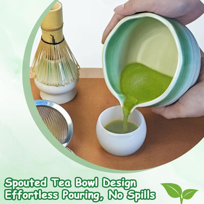 8 Pcs Matcha Whisk Set with Ceramic Bowl, Scoop Rest, Sifter, Tea Mat, Greeting Card, Whisk Holder, Bamboo Whisk and Scoop, Perfect Present for Friend Family Matcha Tea Lovers, Ceremony Kit