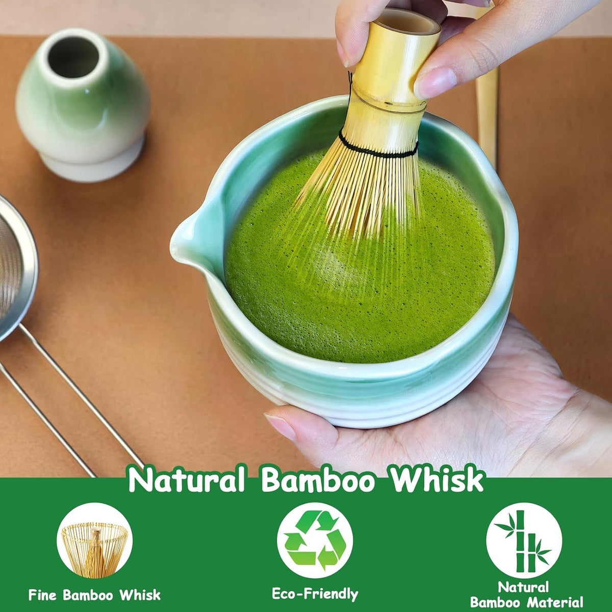 8 Pcs Matcha Whisk Set with Ceramic Bowl, Scoop Rest, Sifter, Tea Mat, Greeting Card, Whisk Holder, Bamboo Whisk and Scoop, Perfect Present for Friend Family Matcha Tea Lovers, Ceremony Kit