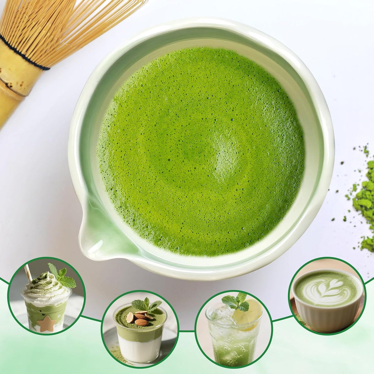 8 Pcs Matcha Whisk Set with Ceramic Bowl, Scoop Rest, Sifter, Tea Mat, Greeting Card, Whisk Holder, Bamboo Whisk and Scoop, Perfect Present for Friend Family Matcha Tea Lovers, Ceremony Kit