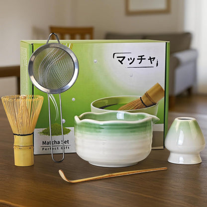 8 Pcs Matcha Whisk Set with Ceramic Bowl, Scoop Rest, Sifter, Tea Mat, Greeting Card, Whisk Holder, Bamboo Whisk and Scoop, Perfect Present for Friend Family Matcha Tea Lovers, Ceremony Kit