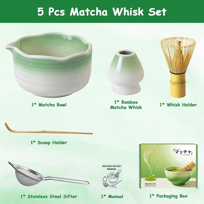 8 Pcs Matcha Whisk Set with Ceramic Bowl, Scoop Rest, Sifter, Tea Mat, Greeting Card, Whisk Holder, Bamboo Whisk and Scoop, Perfect Present for Friend Family Matcha Tea Lovers, Ceremony Kit