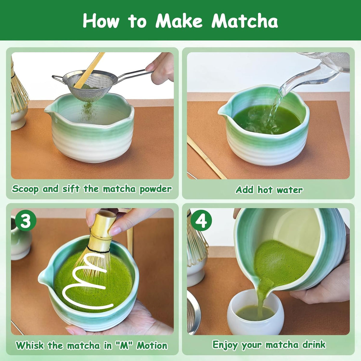 8 Pcs Matcha Whisk Set with Ceramic Bowl, Scoop Rest, Sifter, Tea Mat, Greeting Card, Whisk Holder, Bamboo Whisk and Scoop, Perfect Present for Friend Family Matcha Tea Lovers, Ceremony Kit