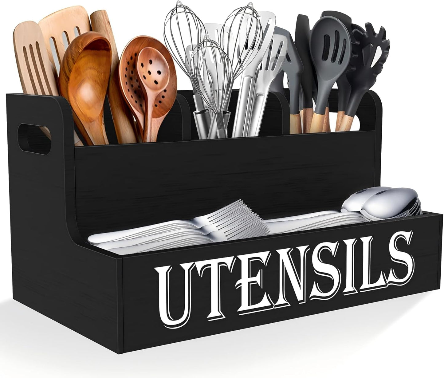 Extra Large Kitchen Utensils Holder, 2 Tier, 4 Compartments | Wooden Utensil Organizer for Kitchen Countertop, Spacesaving, Farmhouse Decor, Large Capacity, Black