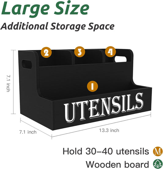Extra Large Kitchen Utensils Holder, 2 Tier, 4 Compartments | Wooden Utensil Organizer for Kitchen Countertop, Spacesaving, Farmhouse Decor, Large Capacity, Black