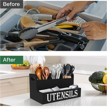 Extra Large Kitchen Utensils Holder, 2 Tier, 4 Compartments | Wooden Utensil Organizer for Kitchen Countertop, Spacesaving, Farmhouse Decor, Large Capacity, Black