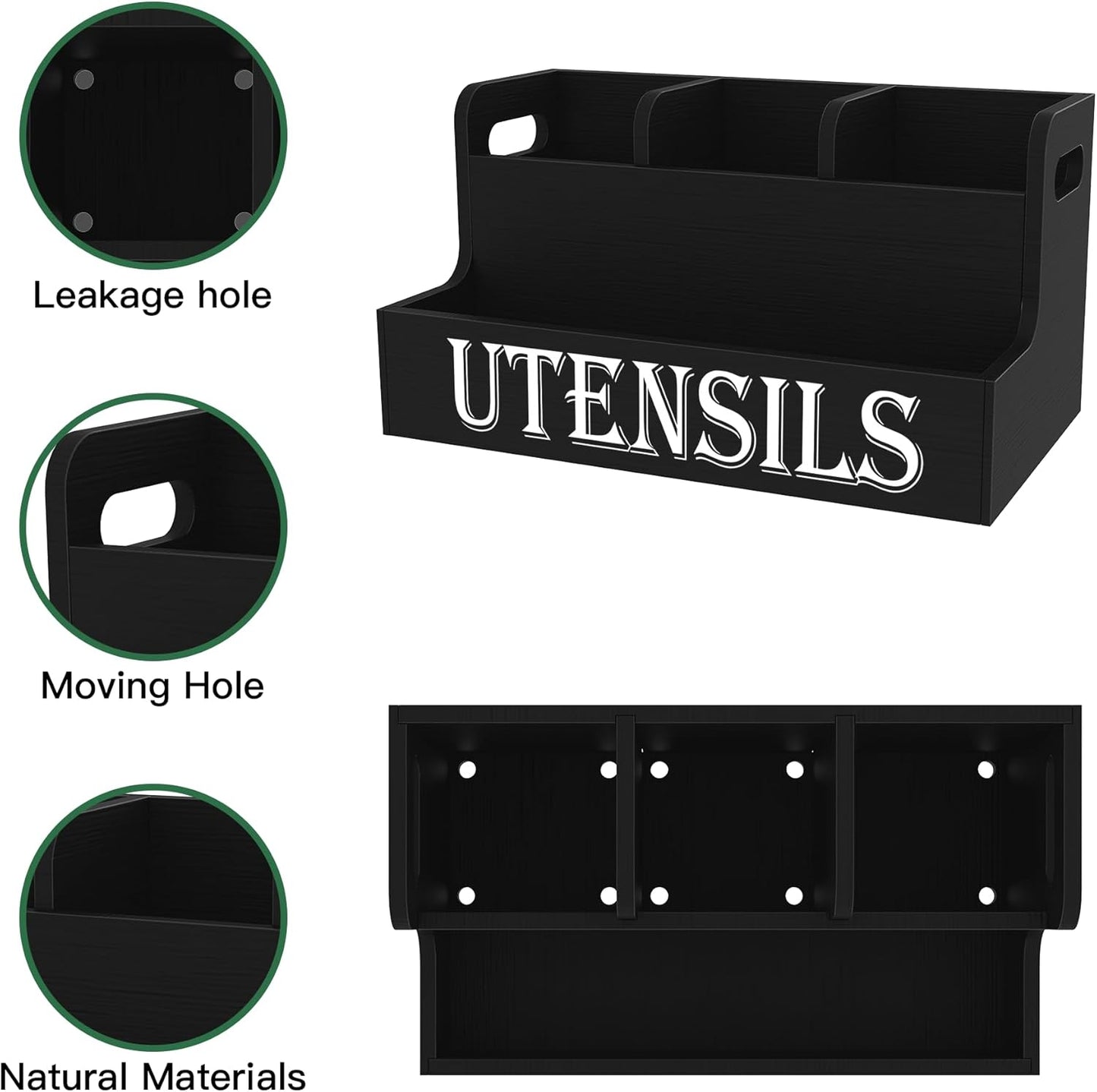 Extra Large Kitchen Utensils Holder, 2 Tier, 4 Compartments | Wooden Utensil Organizer for Kitchen Countertop, Spacesaving, Farmhouse Decor, Large Capacity, Black