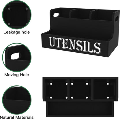 Extra Large Kitchen Utensils Holder, 2 Tier, 4 Compartments | Wooden Utensil Organizer for Kitchen Countertop, Spacesaving, Farmhouse Decor, Large Capacity, Black