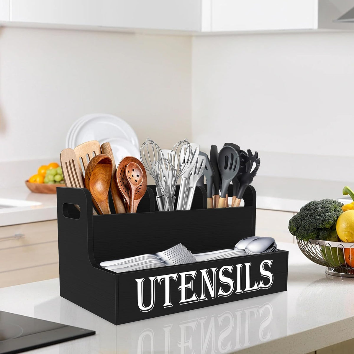 Extra Large Kitchen Utensils Holder, 2 Tier, 4 Compartments | Wooden Utensil Organizer for Kitchen Countertop, Spacesaving, Farmhouse Decor, Large Capacity, Black