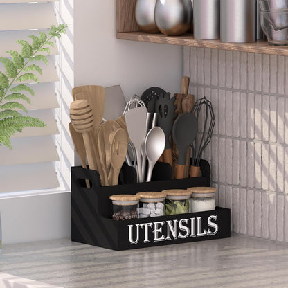 Extra Large Kitchen Utensils Holder, 2 Tier, 4 Compartments | Wooden Utensil Organizer for Kitchen Countertop, Spacesaving, Farmhouse Decor, Large Capacity, Black