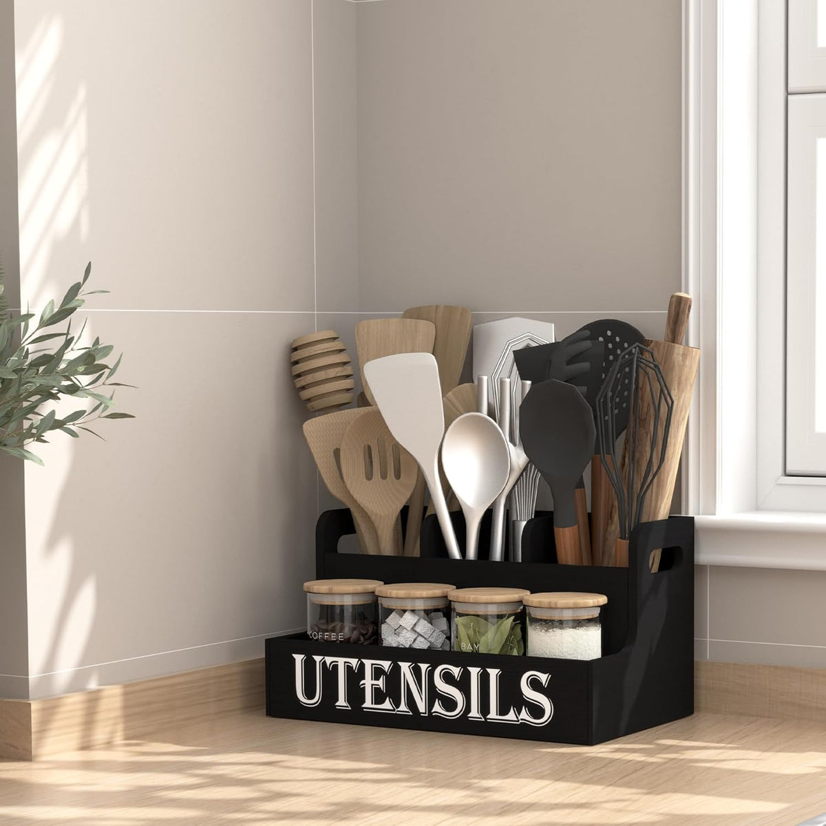 Extra Large Kitchen Utensils Holder, 2 Tier, 4 Compartments | Wooden Utensil Organizer for Kitchen Countertop, Spacesaving, Farmhouse Decor, Large Capacity, Black