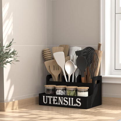 Extra Large Kitchen Utensils Holder, 2 Tier, 4 Compartments | Wooden Utensil Organizer for Kitchen Countertop, Spacesaving, Farmhouse Decor, Large Capacity, Black