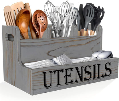 Extra Large Kitchen Utensils Holder, 2 Tier, 4 Compartments | Wooden Utensil Organizer for Kitchen Countertop, Spacesaving, Farmhouse Decor, Large Capacity, Black