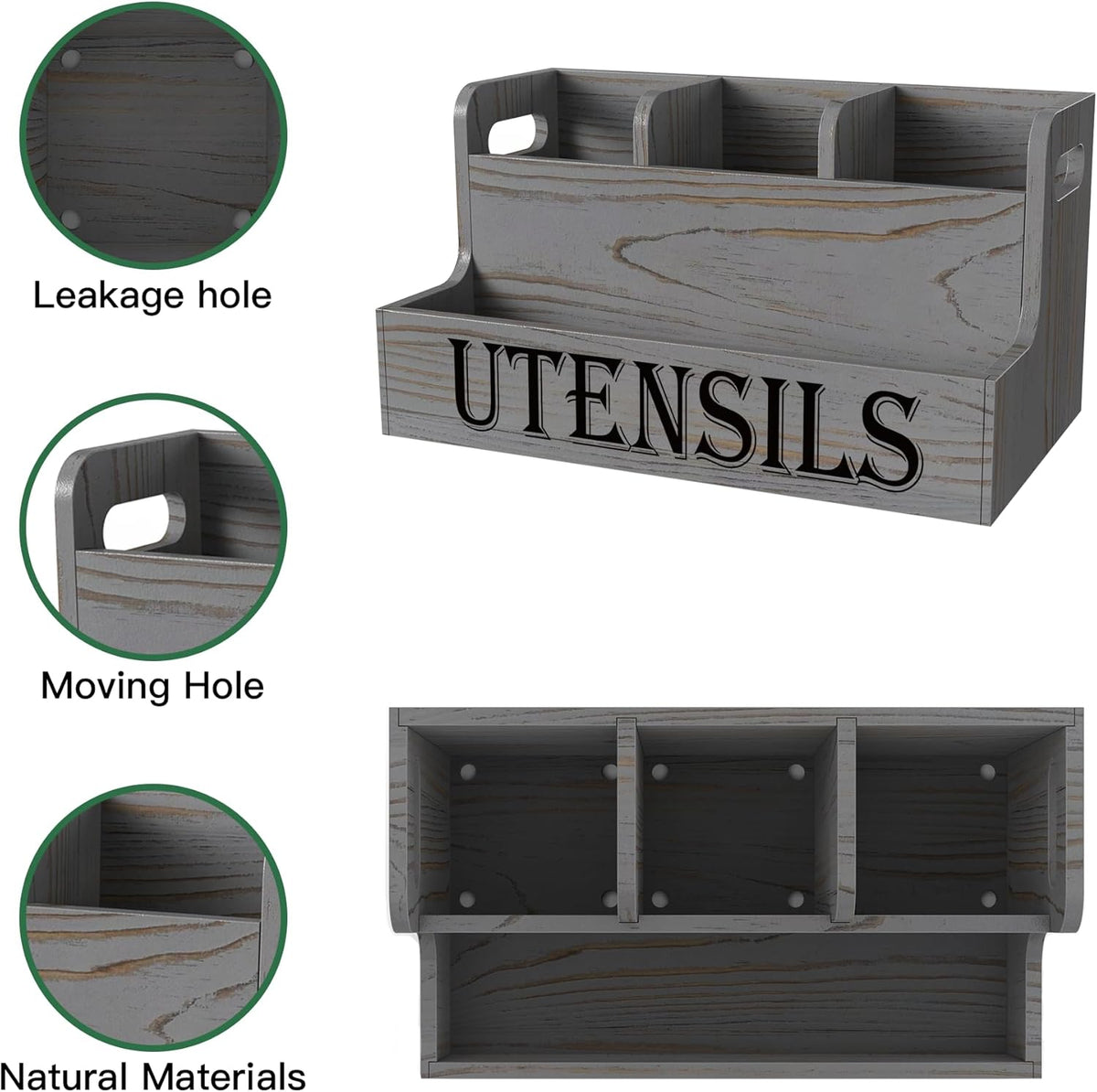 Extra Large Kitchen Utensils Holder, 2 Tier, 4 Compartments | Wooden Utensil Organizer for Kitchen Countertop, Spacesaving, Farmhouse Decor, Large Capacity, Black