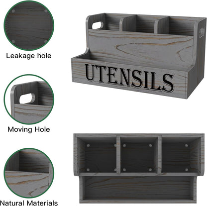 Extra Large Kitchen Utensils Holder, 2 Tier, 4 Compartments | Wooden Utensil Organizer for Kitchen Countertop, Spacesaving, Farmhouse Decor, Large Capacity, Black