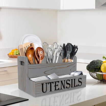 Extra Large Kitchen Utensils Holder, 2 Tier, 4 Compartments | Wooden Utensil Organizer for Kitchen Countertop, Spacesaving, Farmhouse Decor, Large Capacity, Black