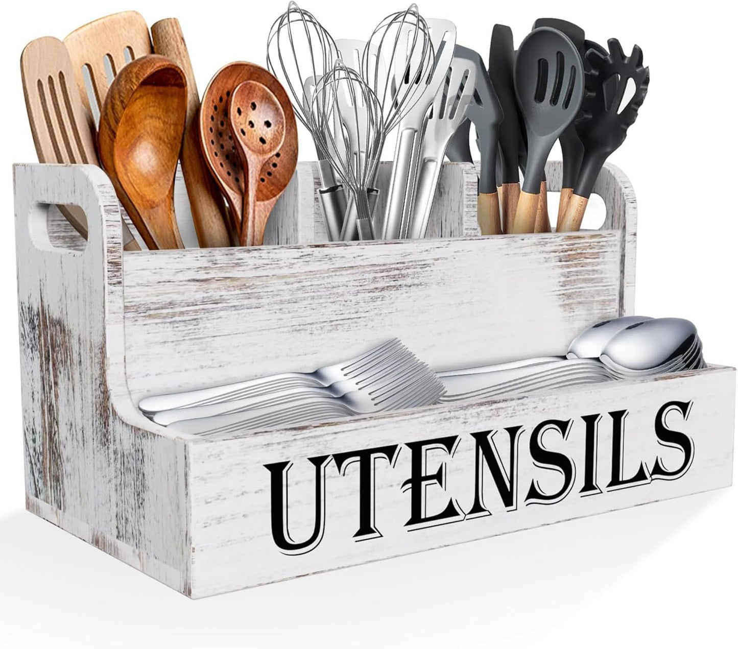 Extra Large Kitchen Utensils Holder, 2 Tier, 4 Compartments | Wooden Utensil Organizer for Kitchen Countertop, Spacesaving, Farmhouse Decor, Large Capacity, Black