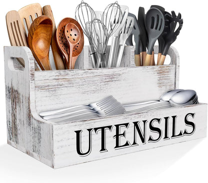 Extra Large Kitchen Utensils Holder, 2 Tier, 4 Compartments | Wooden Utensil Organizer for Kitchen Countertop, Spacesaving, Farmhouse Decor, Large Capacity, Black