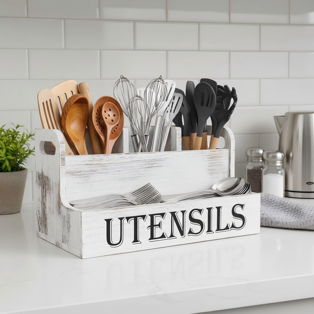 Extra Large Kitchen Utensils Holder, 2 Tier, 4 Compartments | Wooden Utensil Organizer for Kitchen Countertop, Spacesaving, Farmhouse Decor, Large Capacity, Black