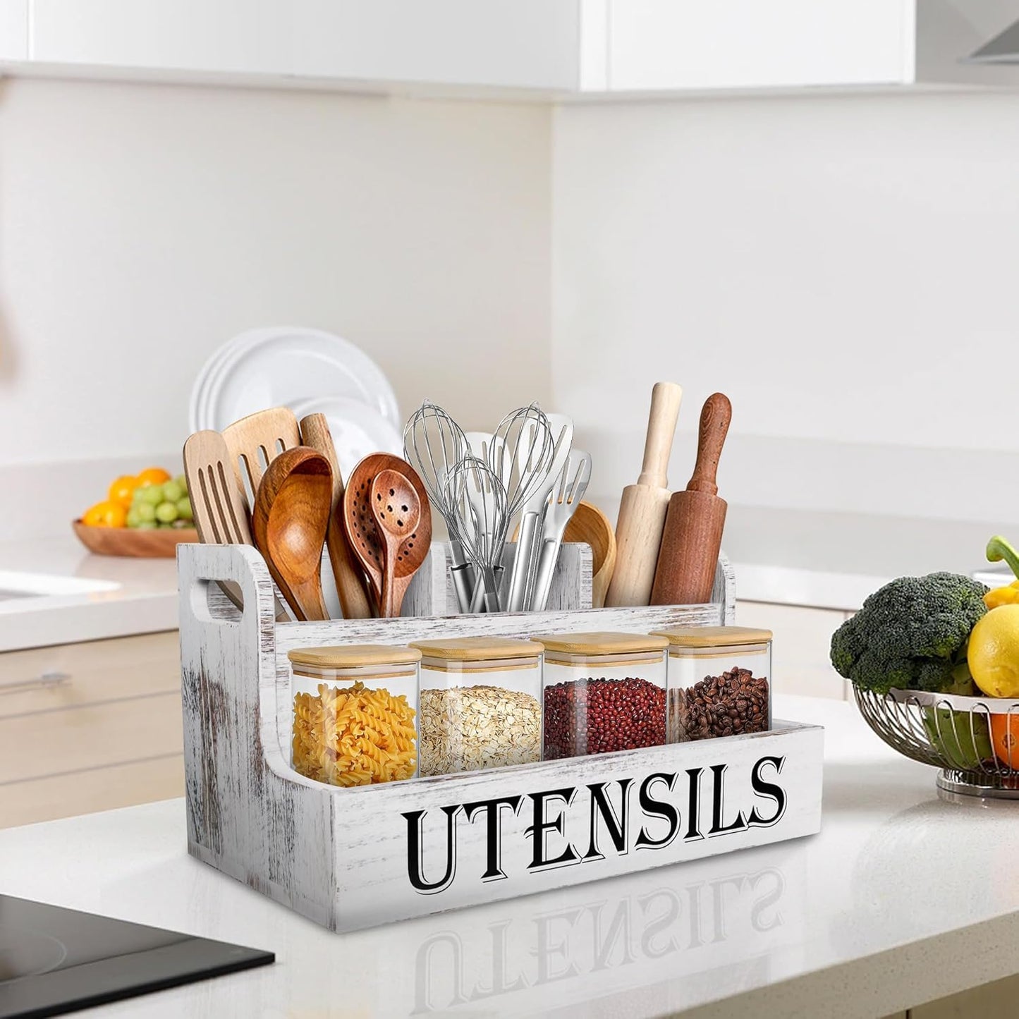 Extra Large Kitchen Utensils Holder, 2 Tier, 4 Compartments | Wooden Utensil Organizer for Kitchen Countertop, Spacesaving, Farmhouse Decor, Large Capacity, Black