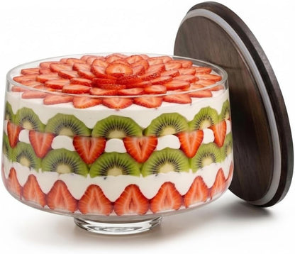Trifle Bowl with Lid, 3Q (100oz) - Bamboo Wood Lid - Trifle Glass, Glass Salad Bowl, Trifle Bowl with Pedestal - Dish for Layered Desserts, Fruits, Salads