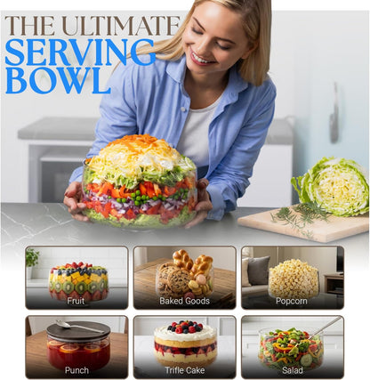 Trifle Bowl with Lid, 3Q (100oz) - Bamboo Wood Lid - Trifle Glass, Glass Salad Bowl, Trifle Bowl with Pedestal - Dish for Layered Desserts, Fruits, Salads