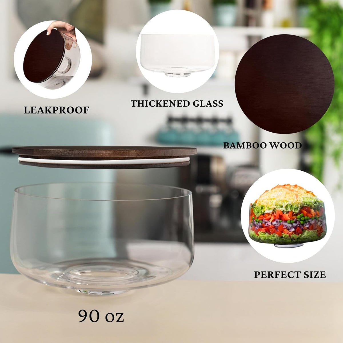 Trifle Bowl with Lid, 3Q (100oz) - Bamboo Wood Lid - Trifle Glass, Glass Salad Bowl, Trifle Bowl with Pedestal - Dish for Layered Desserts, Fruits, Salads